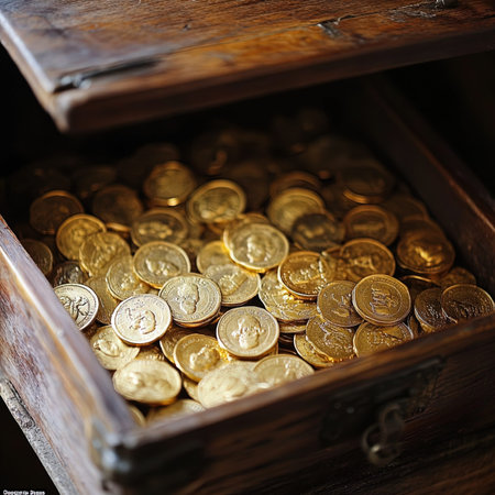 Old wooden chest full of gold coins. Selective focus. Toned.