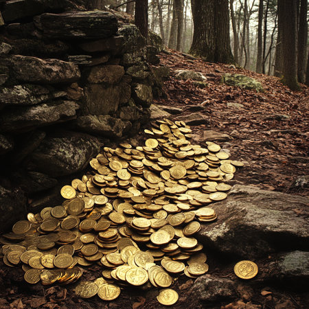 Golden coins on a stone wall in a foggy forest. Concept of wealthの写真素材