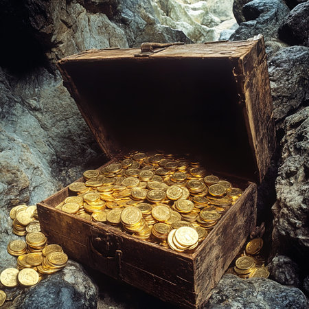 Treasure chest full of gold coins. Treasure and wealth concept.の写真素材