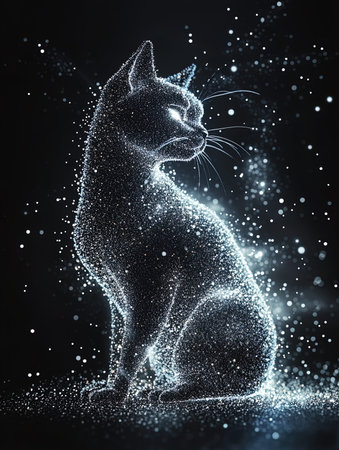Black cat with water drops on a black background. 3d renderingの写真素材