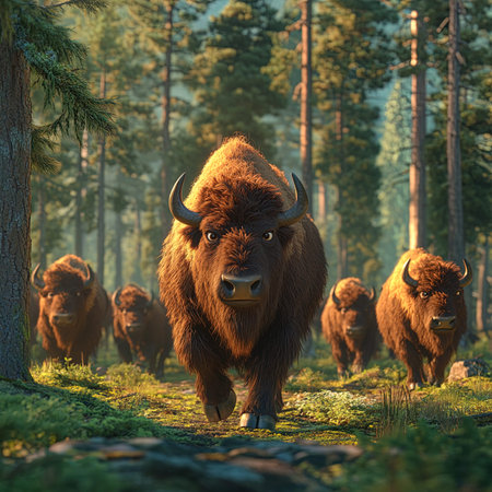 European bison (Bison bonasus) walking in the forest