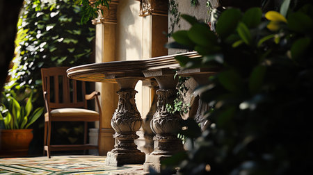 Wooden table and chairs in the garden, vintage style, selective focusの写真素材