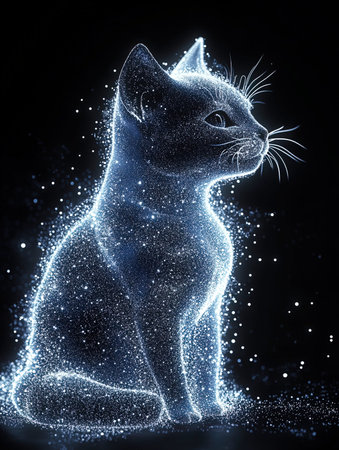 Fantastic blue cat on black background with sparkles and starsの写真素材
