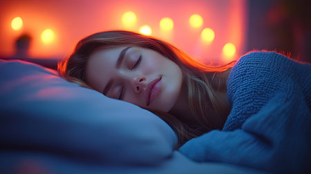 Beautiful young woman sleeping in bed at home. Girl with closed eyes.の写真素材