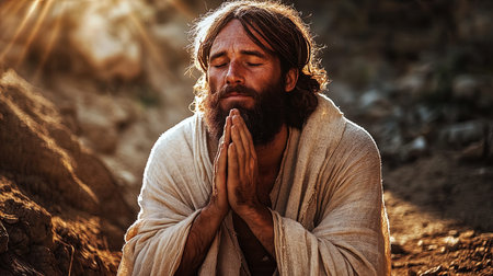 Portrait of Jesus Christ praying in the desert. Hands folded in prayer.の写真素材