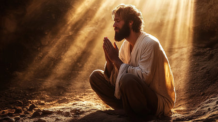 Handsome man praying in the desert with rays of light.の写真素材