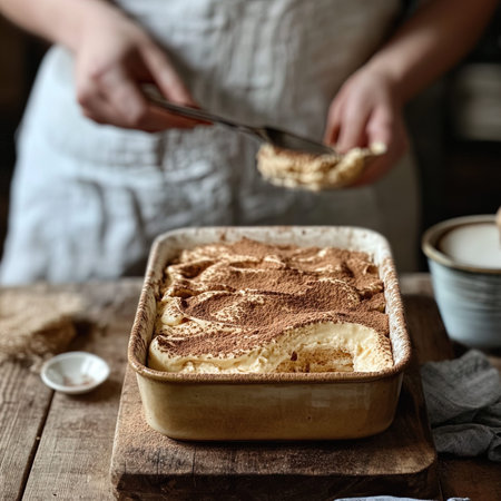 Homemade tiramisu cake in baking dish on rustic wooden backgroundの写真素材