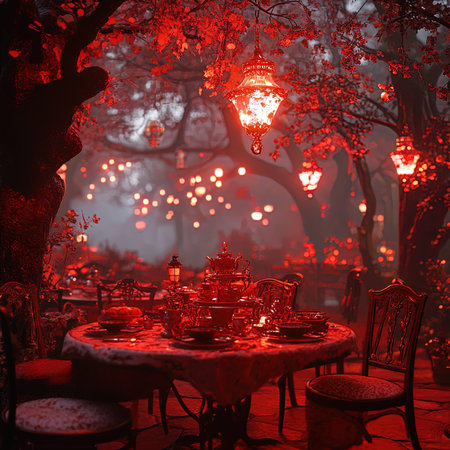 Table and chairs in a restaurant at night in a foggy forestの写真素材