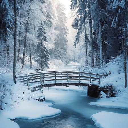 Beautiful winter landscape with wooden bridge and river in the forest.の写真素材