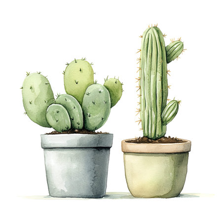 Watercolor cactuses in pots. Hand drawn illustration, isolated on white backgroundの写真素材