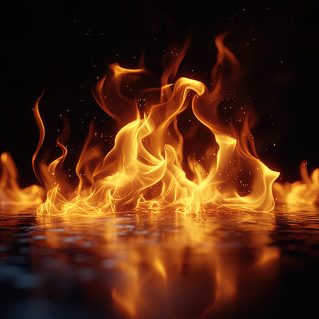Fire flames isolated on black background. Fire flames with reflection on water