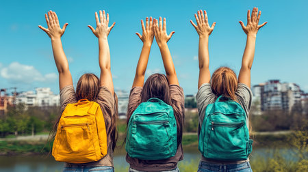 Back view of three young girls with backpacks standing in a row and raising their handsの写真素材