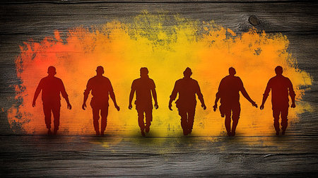 Silhouettes of people against orange and yellow paint splashing on wood