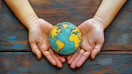 Globe in hands on wooden background. World environment day concept.