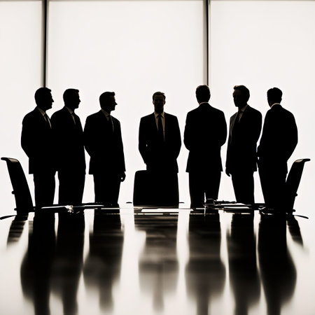 Silhouettes of business people standing in a row in a meeting roomの写真素材
