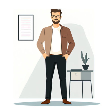 Hipster man standing in office. Vector illustration in flat style