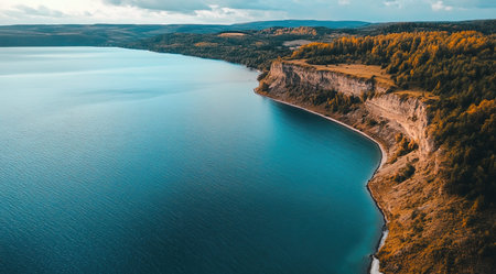 Aerial view of the lake and the cliffs. Beautiful autumn landscapeの写真素材