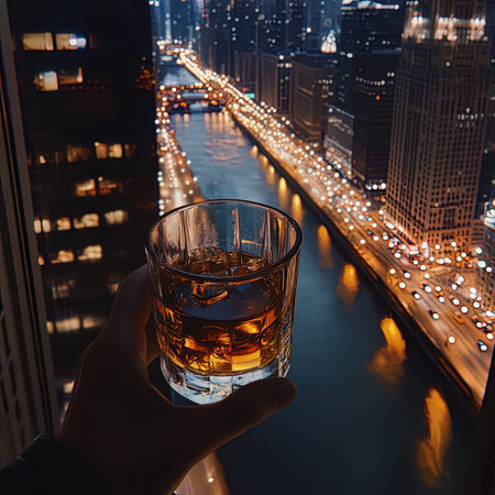A glass of whiskey on the background of the night cityscape.の写真素材