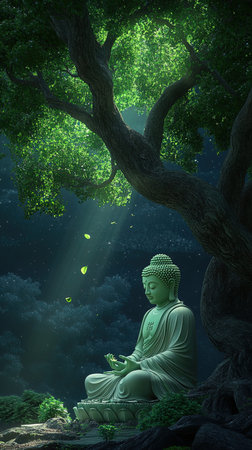 Buddha statue under tree with rays of light, 3d renderの写真素材