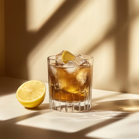 Cuba libre cocktail with ice cubes and lemon on a white backgroundの写真素材