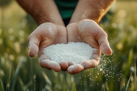 Close-up of farmer's hands holding a handful of salt in the fieldの写真素材