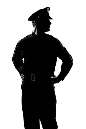 one caucasian police officer man silhouette in studio isolated on white backgroundの写真素材