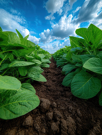 Rows of green tobacco plants growing in a field in the summer
