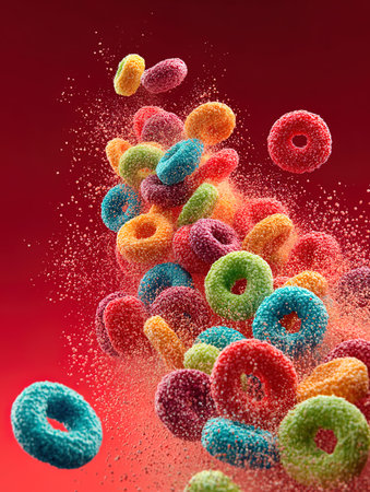 Flying multicolored donuts on a dark red background. Close-up.