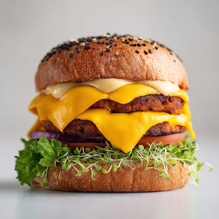 Cheeseburger with cheese, lettuce and onion on grey backgroundの写真素材