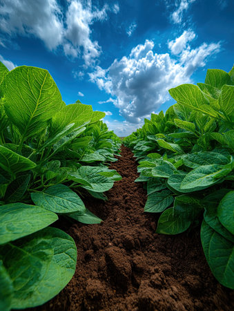 Potato field with rows of green ripening plants under blue sky