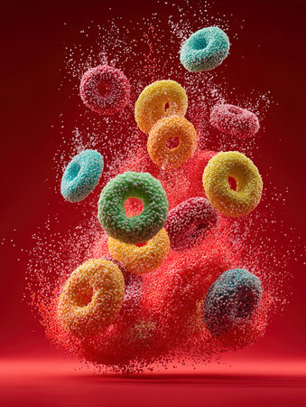 Colorful donuts in the air on a red background. 3d renderingの写真素材