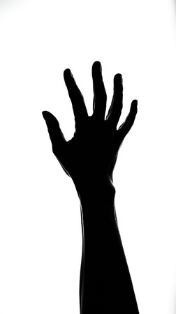 Silhouette of a female hand on a white background. Black and white photo.