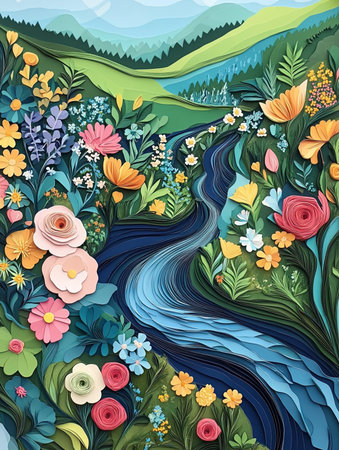 Beautiful nature landscape with colorful flowers and river. Vector illustration.の写真素材