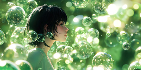 Fantasy illustration of a girl blowing soap bubbles. 3D rendering.の写真素材