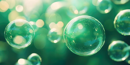 Soap bubbles on green bokeh background. 3d renderingの写真素材