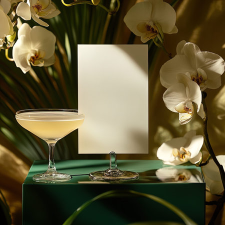 Cocktail with white orchids on a green background.の写真素材