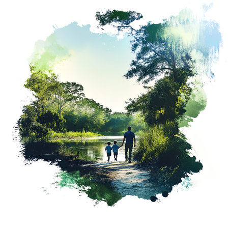 Silhouette of father and son walking in the park. Concept of happy family.の写真素材