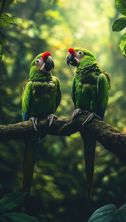 Beautiful couple of green macaw parrots sitting on a branchの写真素材