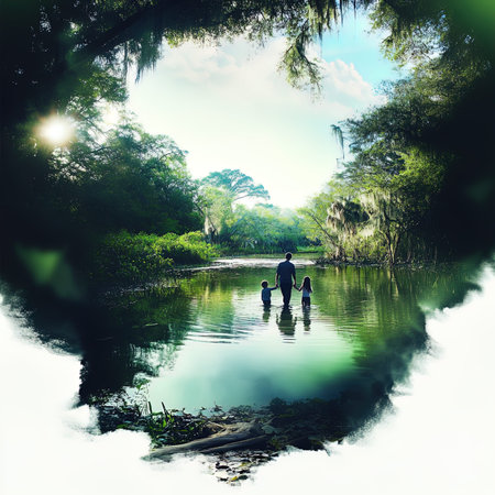 Father and son playing on the river in the forest. Vintage style.