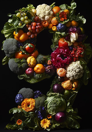 Fruit and vegetables arranged in the shape of number 9 on black backgroundの写真素材