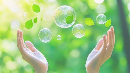Ecology concept. Closeup of hands holding transparent soap bubbles with green leaves.の写真素材