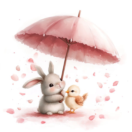 Rabbit and chicken under an umbrella. Watercolor illustration on white backgroundの写真素材