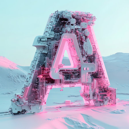 Futuristic alphabets on the background of the winter landscapeの写真素材