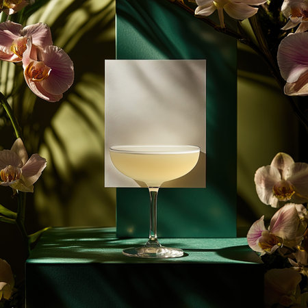 3D render of a martini glass and orchid flowers on a green backgroundの写真素材