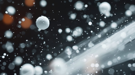 Snowflakes flying in the air with bokeh on black backgroundの写真素材