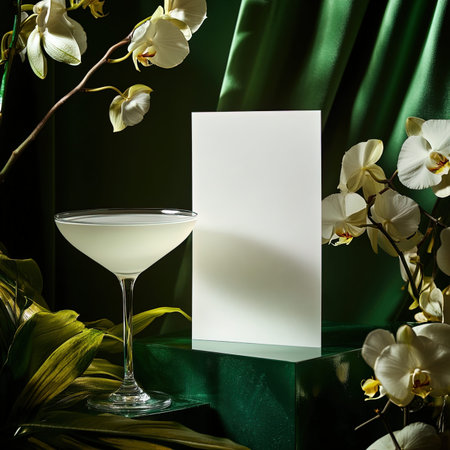 Mockup for branding identity. Glass of martini with white orchids on green background.の写真素材