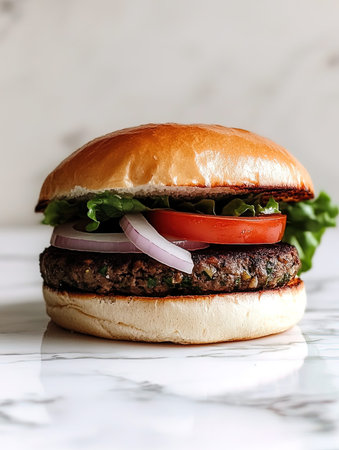 Homemade hamburger with beef patty, tomato, onion and lettuceの写真素材