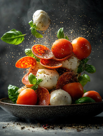 Fresh mozzarella balls with cherry tomatoes, basil and spices on black backgroundの写真素材