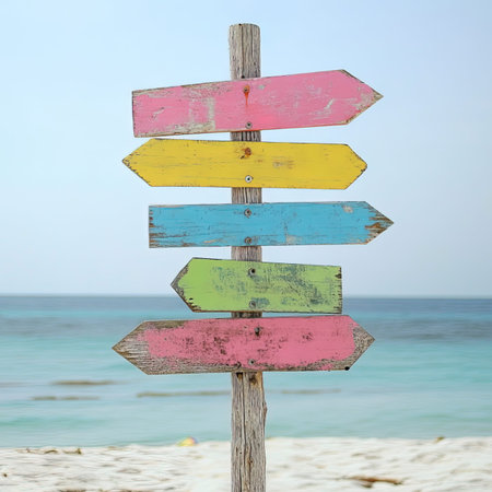 Colorful wooden signpost on the beach in Thailand, Asia.の写真素材
