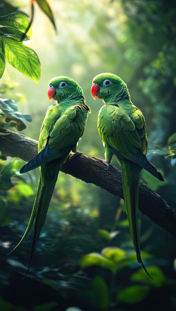 Two green parrots sitting on a tree branch in the forest.の写真素材